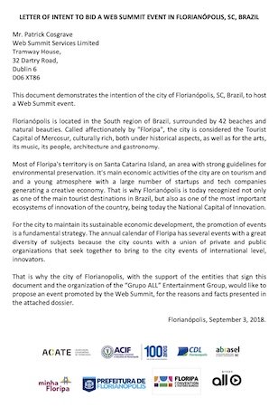 Carta de Intenções enviada por Florianópolis à empresa responsável pelo Web Summit